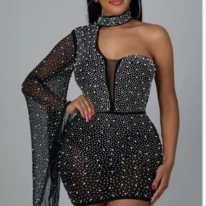 Chic Black One-Shoulder Romper with Rhinestone Detailing